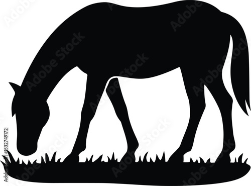 Silhouette horse grazing in the grass flat design vector illustration