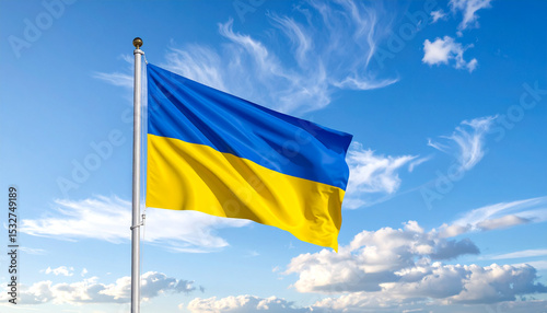 Ukrainian National Flag Waving In The Sky – Blue and Yellow Colors Representing Peace, Freedom, and Sovereignty