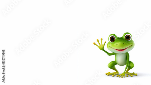 Cheerful cartoon frog waving with a friendly smile, isolated on a white background.