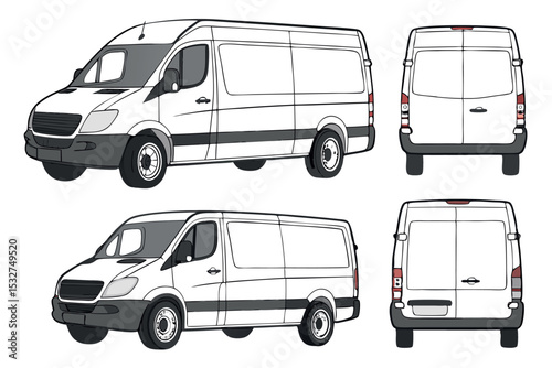 White Delivery Van Illustration Multiple Angles and Perspectives Showcasing a Commercial Vehicle for Transportation Logistics and Business Applications with Clean Lines and a Modern