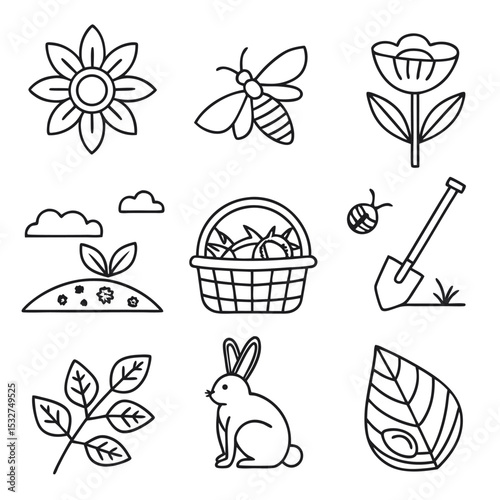Spring Season Vector Icon Set | Adjustable Line Weight | Flower, plant, gardening, nature, picnic, bee, butterfly, bunny