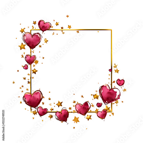 Romantic Hand-Drawn Frame with Watercolor Hearts and Stars – Dreamy Love-Themed Vector Border on Transparent Background for Wedding Invitations, Love Letters, and Valentine’s Day Designs