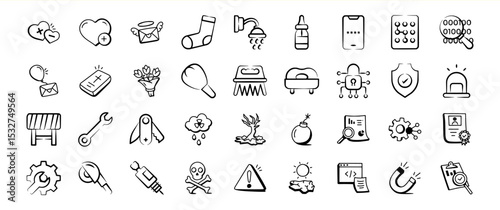 Hand Drawn Black and White Icon Set Various Symbols