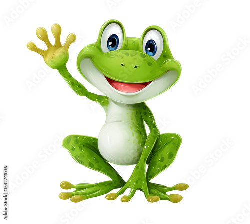 A cheerful cartoon frog waving hello with a big smile, isolated on white.