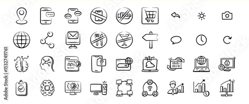 Hand Drawn Black and White Technology and Business Icons Set
