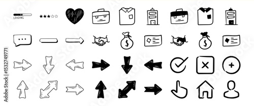 Hand Drawn Black Icons Set Arrows Buildings Money Handshake