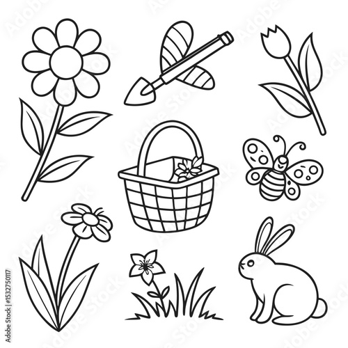 Spring Season Line Art Vector Icons – Nature, Gardening, Picnic, Floral Set (Adjustable Stroke)