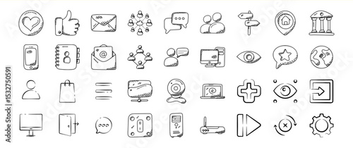 Hand Drawn Doodle Icons Set Communication Technology Social Media