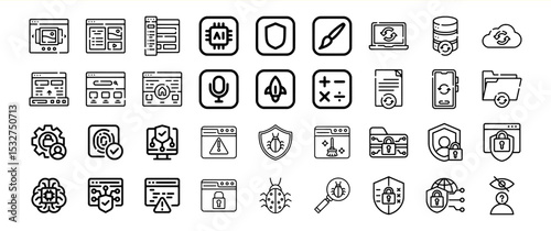 Website Development Security Icons Black Line Art Set