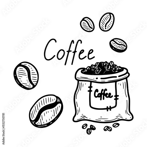 Coffee beans bag. Hand drawn doodle vector. Fabric packaging. For brewing a drink. Cafe emblem. Beverage espresso, latte, cappuccino. Illustration line art element.