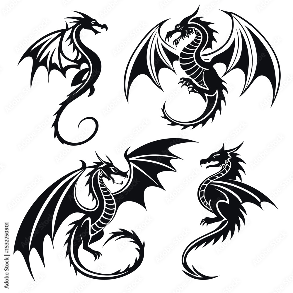 Obraz premium Four Black Dragon Silhouettes with Varying Wing Positions and Body Postures Isolated on a White Background Embodying Fantasy Power and Mystical Themes in a