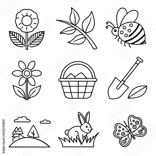 Spring Season Line Art Vector Icons – Nature, Gardening, Picnic, Floral Set (Adjustable Stroke)