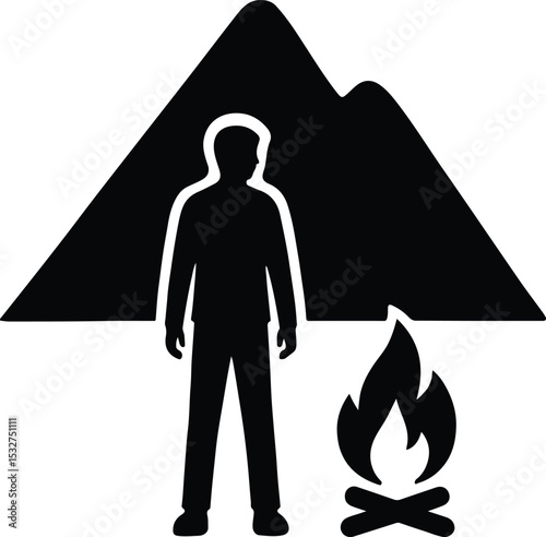 Silhouette man camping near mountain and campfire vector illustration