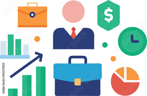 Business Management: Icon Set of Career, Finance, Time, and Success Graphics in Flat Vector Style for Website and Presentations