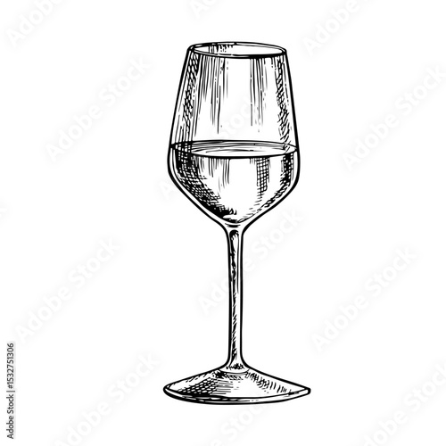 A glass of wine. Vector graphics, black and white hand-drawn illustration. Isolate on a white background. For packages and labels. For banners and posters. For the menu of restaurants and bars.