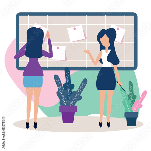 Two women collaborating using sticky notes on a grid board in an office setting