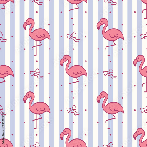 seamless repeating pattern with flamingos and coquette bows. blue stripes background