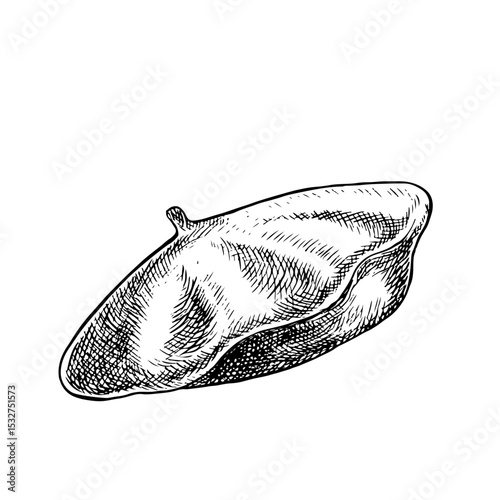 French beret. Vector black-and-white hand-drawn illustration. Isolate on a white background. A fashionable accessory for the head. For postcards, banners, flyers, posters and more.