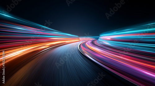 Dynamische Lichtspuren und Geschwindigkeitslinien rasen durch futuristische Tunnelröhre in Neonfarben