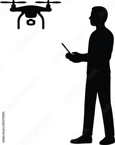 Silhouette man controls drone with remote vector illustration
