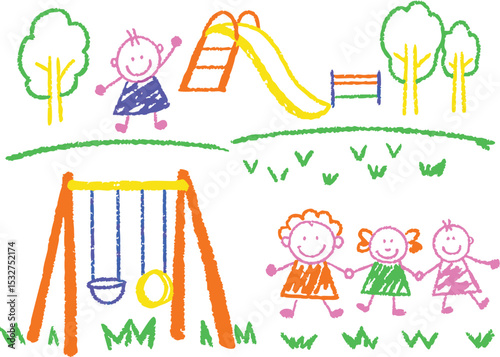 Happy family and children drawing and playing on a playground swing