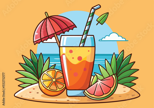 A vibrant tropical fruit cocktail with pineapple, berries, and citrus, perfect for a refreshing summer beach drink