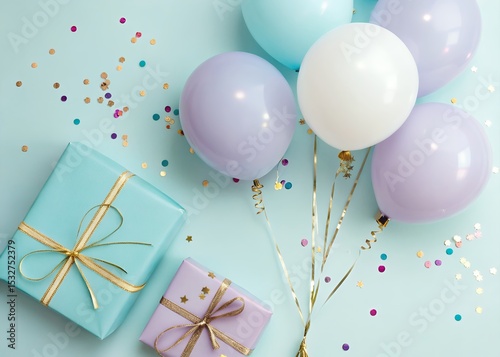 Pastel balloons gifts and confetti on a light blue background