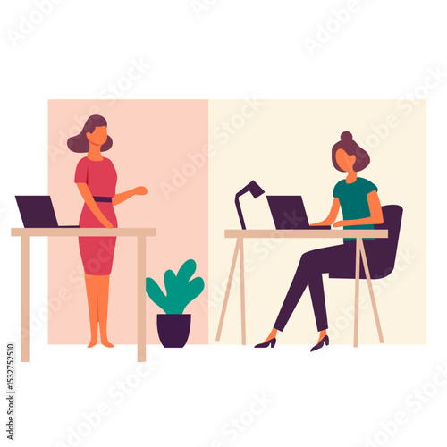 Two women working remotely with laptops in a modern office setting