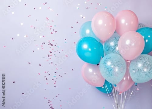 Pastel pink and blue balloons with confetti on lavender background