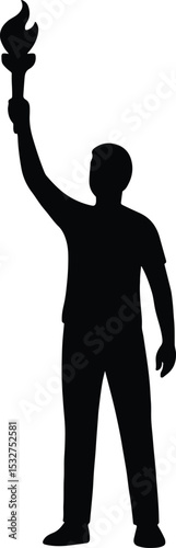 Silhouette man holding flaming torch up high vector illustration