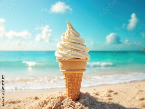 Ice Cream Cone in Sand by the Ocean