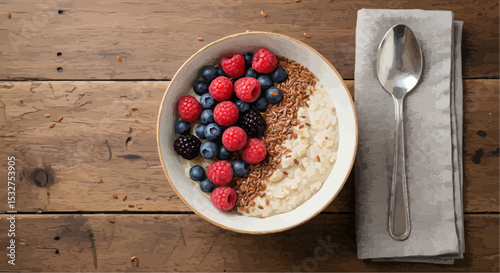 Berry cheesecake chia pudding with mixed berries in bowl on wooden table  
