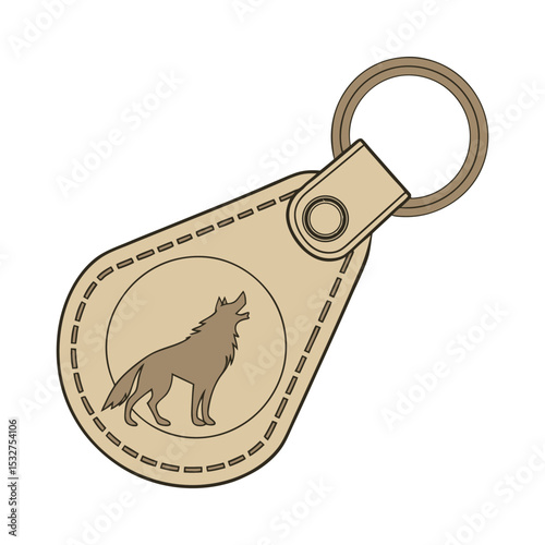 Tan leather keychain, isolated on white background, features a howling wolf silhouette.  perfect for adding a touch of wilderness to your keys.