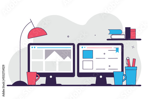 A clean, cloud-cornered L-shaped desk with playful monitors, planner pages, and coffee cups