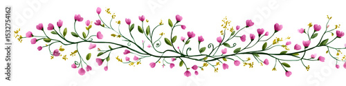 Whimsical Botanical Vine Divider with Tiny Blossoms and Curling Tendrils – Hand-Drawn Vector Illustration in Soft Color Palette, Transparent PNG for Wedding Stationery, Invitations, and Social Media G