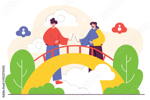A gently arched bridge made of rounded clouds where characters pass tools and files to each other