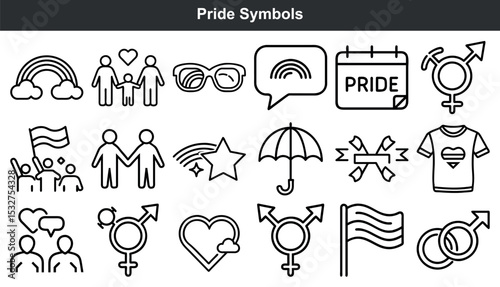 Lgbtqia+ pride month symbols icons set rainbow