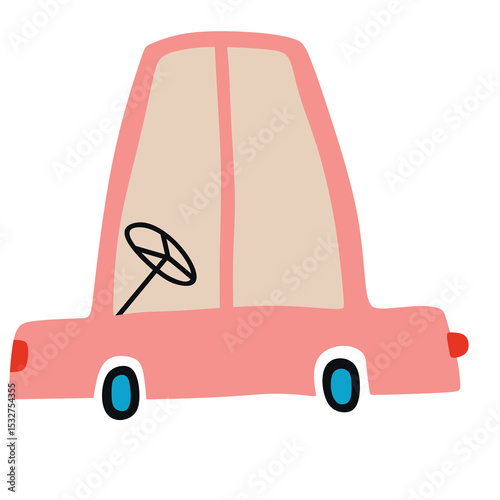 Whimsical car illustration with a steering wheel and cute design elements