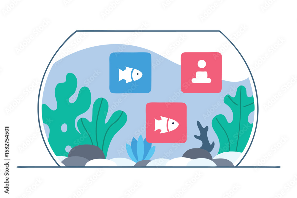 A playful aquarium where fish are icons for Slack, Trello, Notion, etc. swimming in curved glass tanks