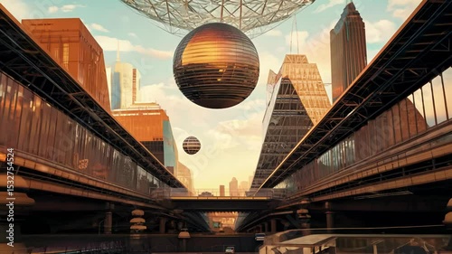 Futuristic cityscape with surreal architecture and flying structures at sunset