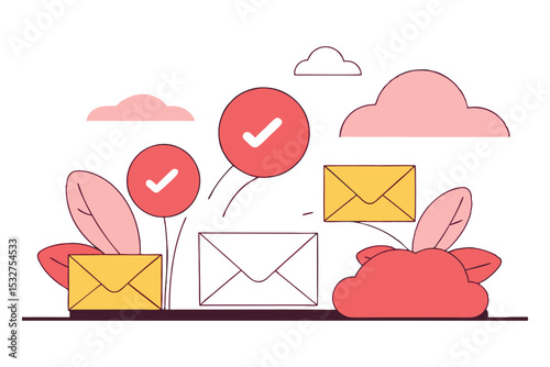 A playful inbox scene with bouncing messages, round checkmarks, and cloud-sent icons