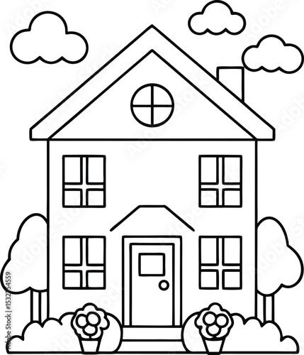 Simple Black and White House Illustration with Trees and Clouds Outline