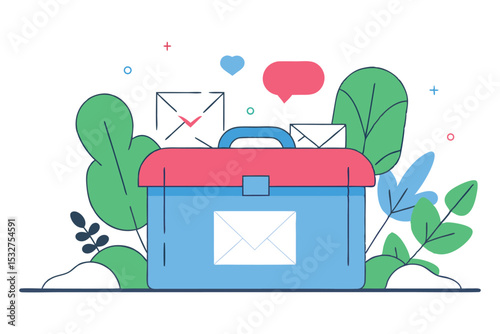 A rounded toolbox opening to reveal envelopes, message bubbles, subject lines, and click icons