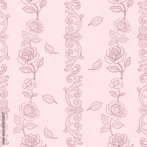 Seamless floral pattern with hand-drawn roses, leaves, and vintage scroll ornaments in soft pink tones. elegant engraving style design perfect for wallpaper, textile prints, wrapping paper, romantic