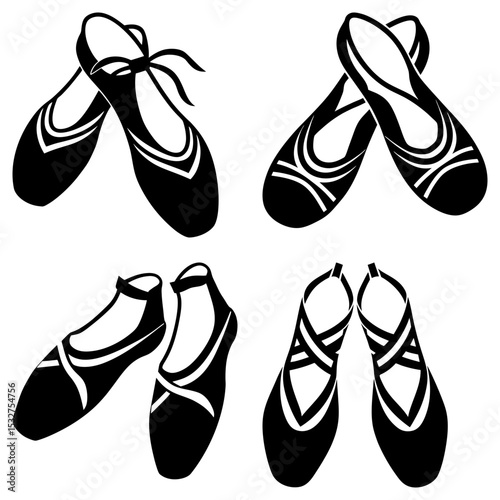 Four pairs of ballet shoes in black and white with different styles and ribbon or strap details