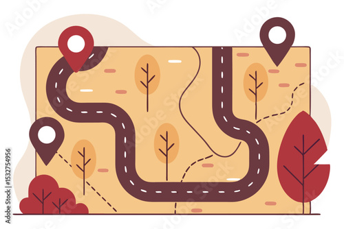 A wavy map layout with round milestone pins, curved roads, and direction arrows