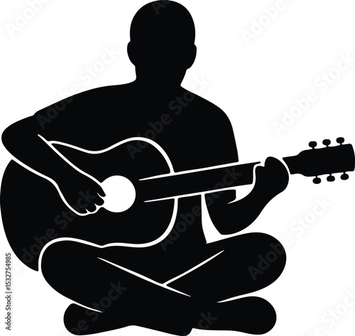 Silhouette man playing guitar sitting cross legged vector illustration