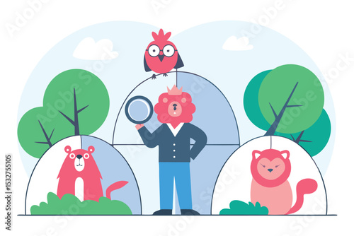 Animal-like metaphors for roles (e.g. lion = CEO, owl = analyst, squirrel = developer) in a roundish, cartoon zoo scene