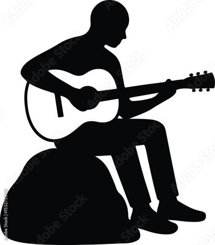 Silhouette man playing guitar sitting on rock vector illustration