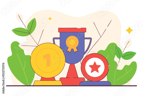 Cartoonish trophies, badges, and medals with soft shadows and rounded bases